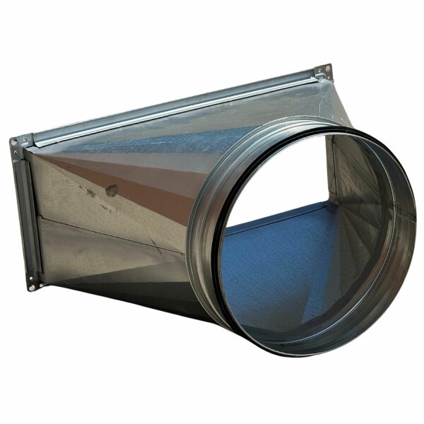 Übergang Kanal/Rohr 500×500×350 Ø400¶Kanalmass: 500mm×500mm¶Höhe: 350mm¶Rohranschluss: Ø 400mm